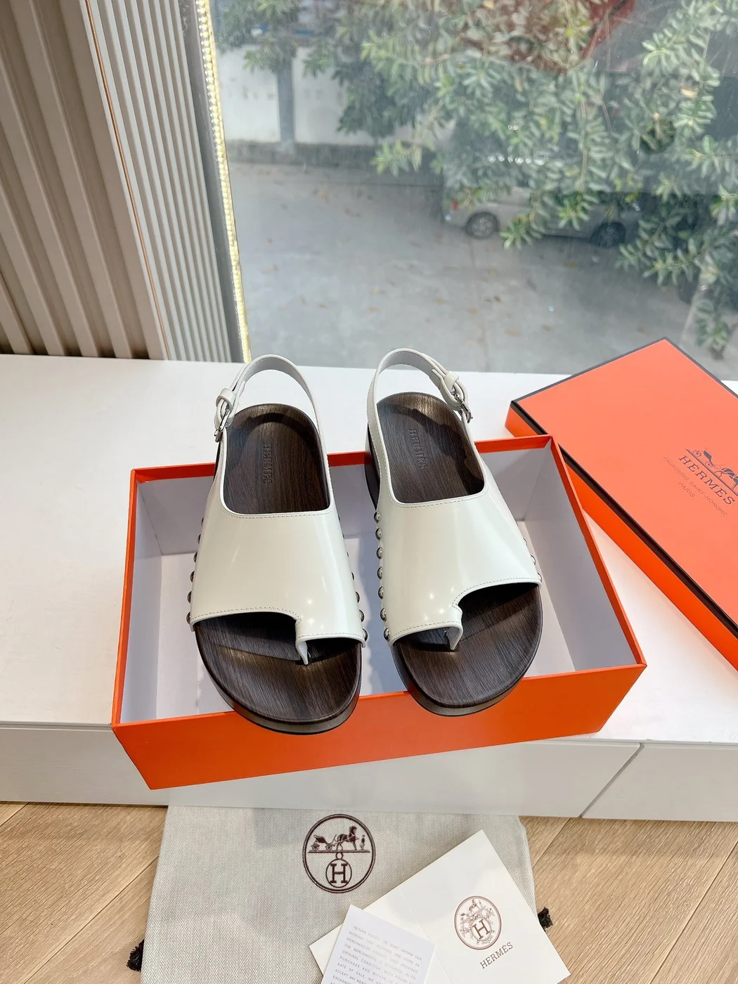 Hermès Women White Leather Wooden Sole Sandals product view 1