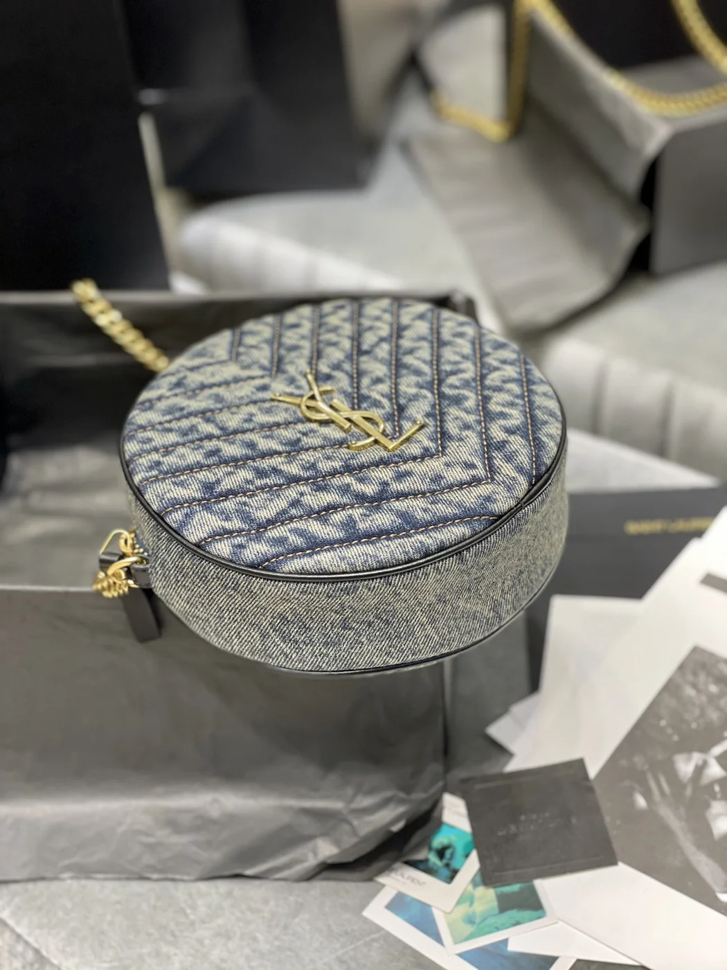 Saint Laurent Women Vinyle Round Camera Bag in Chevron-Quilted Denim and Suede product view 3