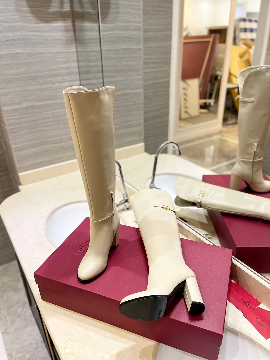 Valentino Women Beige Leather Knee-High Boots product view 6