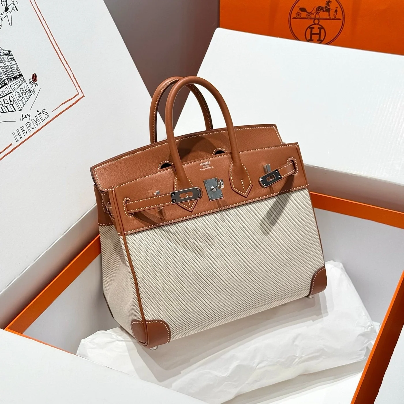 Hermès Birkin 25 cm In Veau Barenia Swift Ercu Toile Canvas Bag product view 1