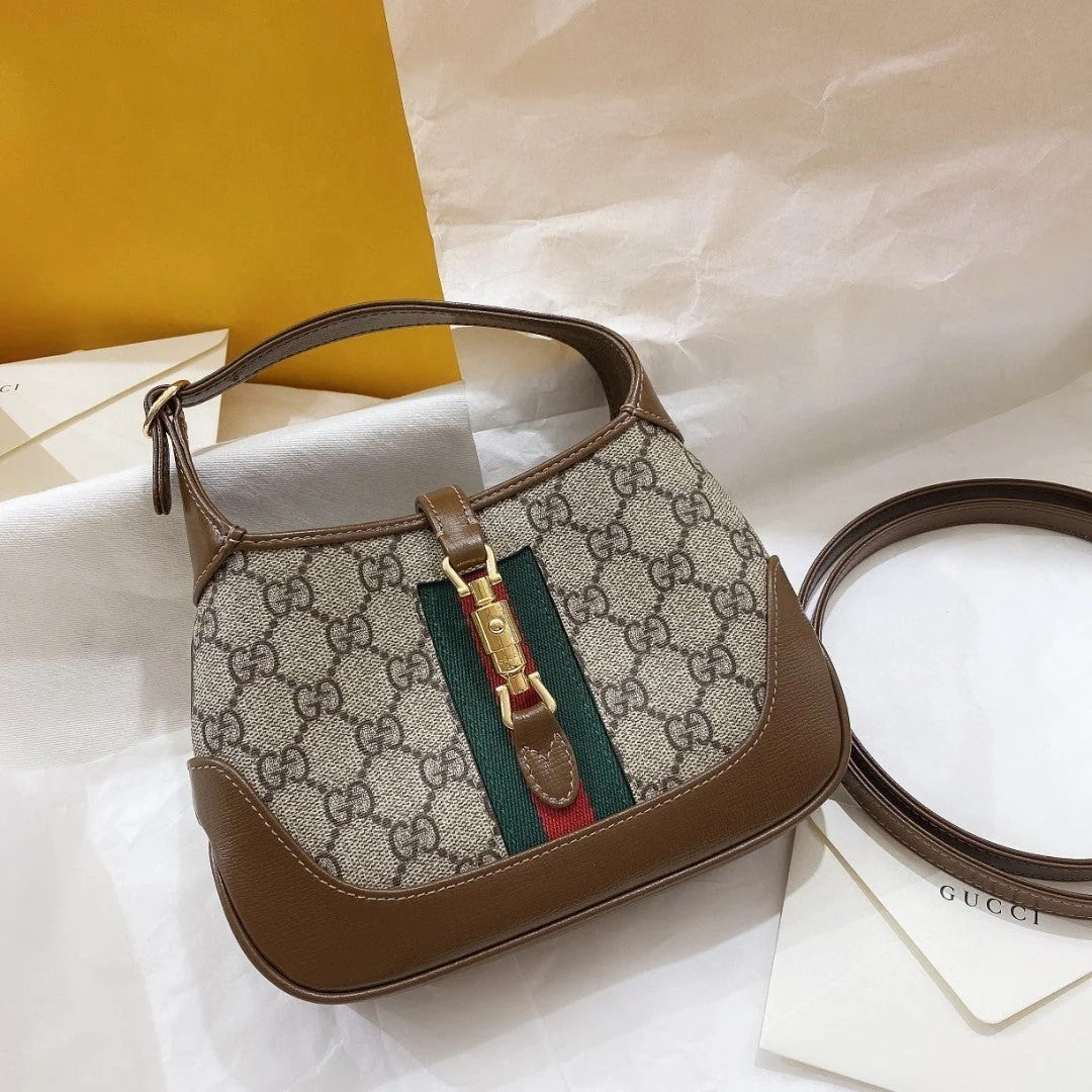 Gucci Jackie 1961 Small 28 Shoulder Bag In Beige Canvas And Brown Calfskin product view 2