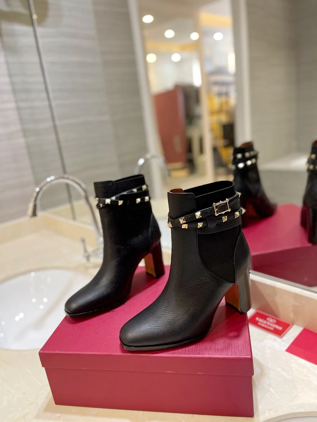 Valentino Women Black Leather Studded Ankle Boots product view 3