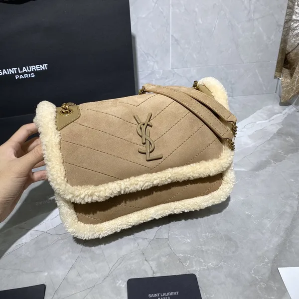 Saint Laurent Medium Niki Shoulder Bag in Tan/Cream Nubuck and Shearling Brown Beige product photo