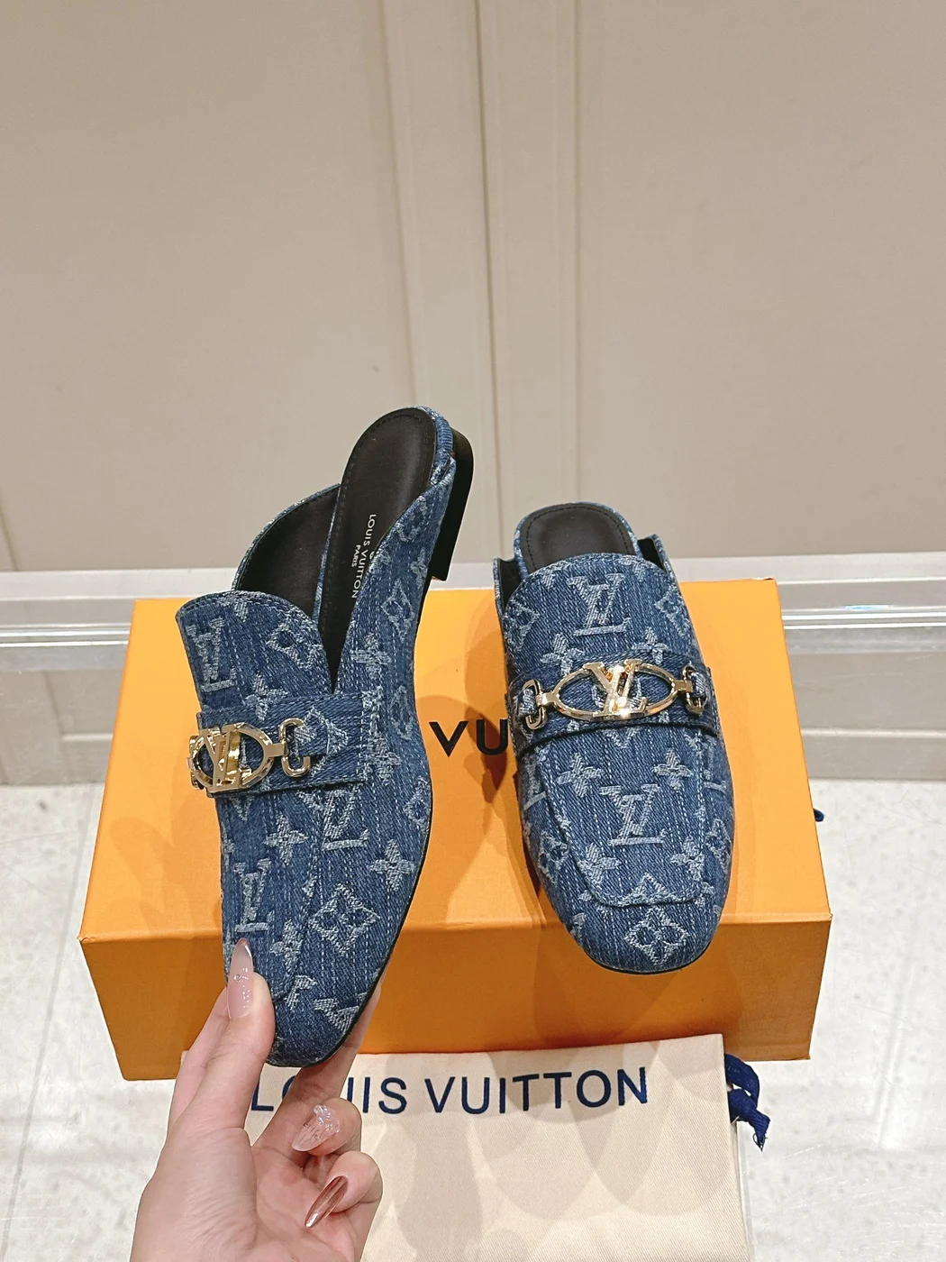 Louis Vuitton Women Blue Denim Leather Mules product view 4
