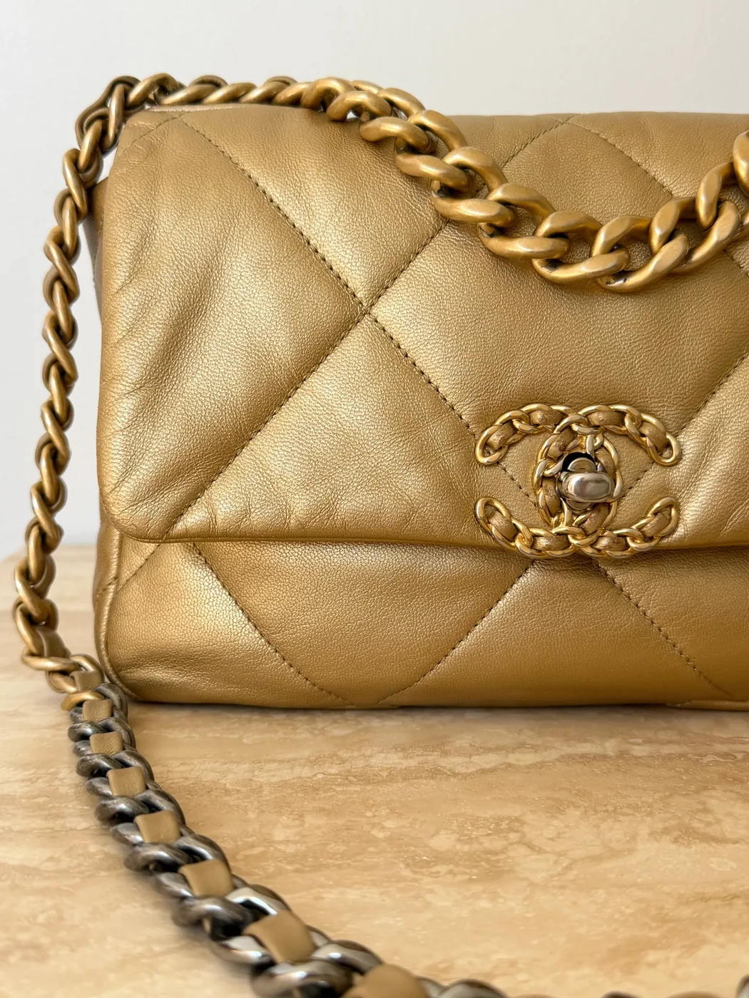 Chanel 19 Small Metallic Gold Lambskin Bag product view 3