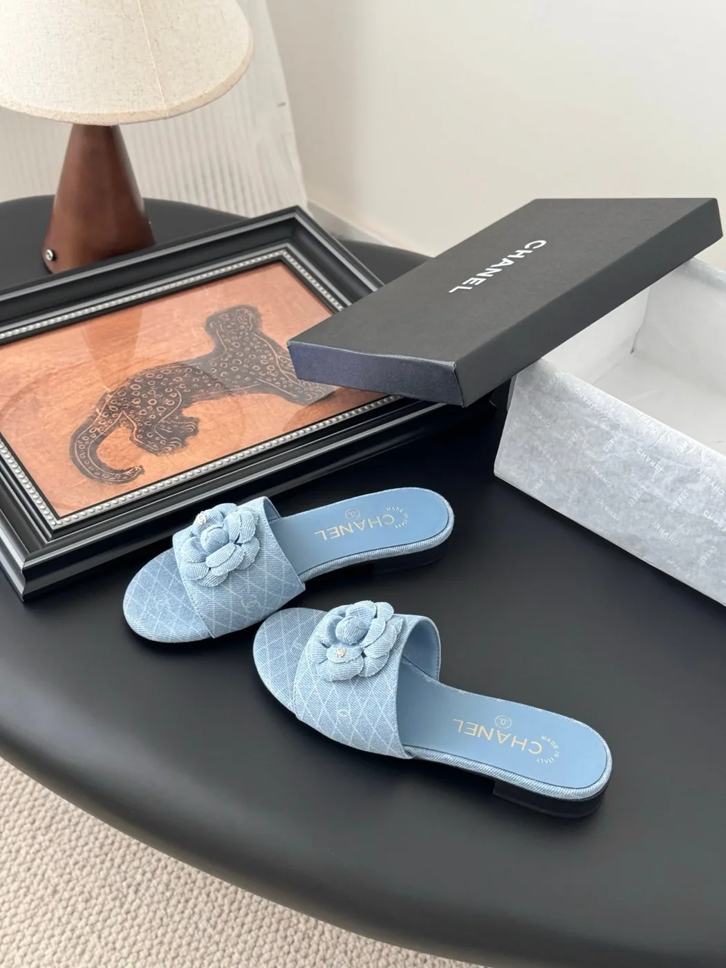 Chanel Women Light Blue Fabric Slides product view 2