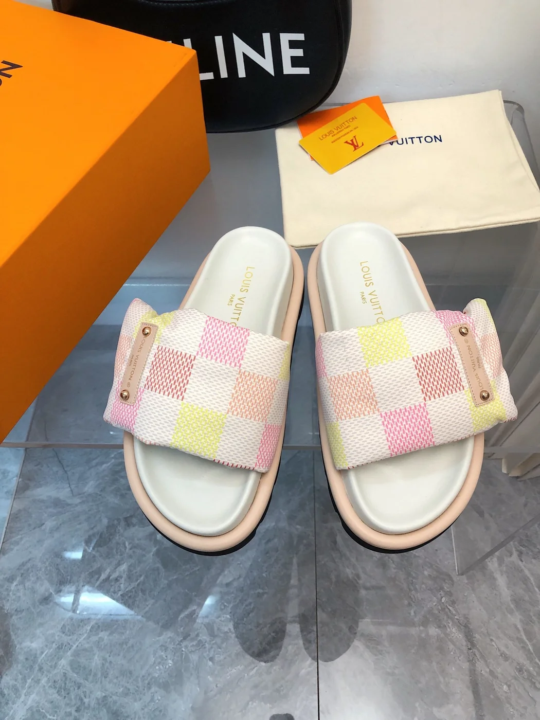 Louis Vuitton Women Pastel Checkered Fabric White Slide Sandals product view 1