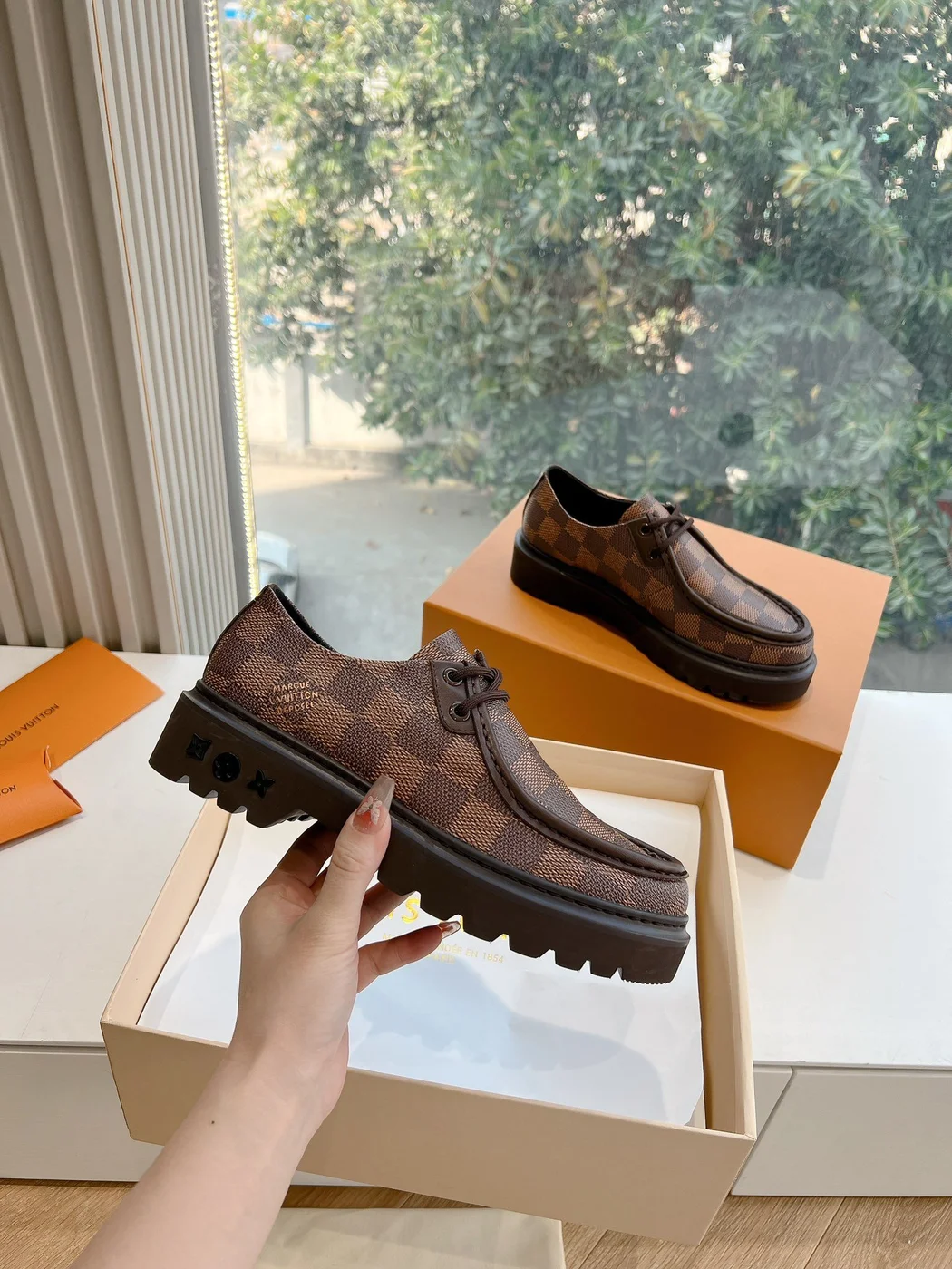Louis Vuitton Women Brown Checkered Leather Loafers product view 4