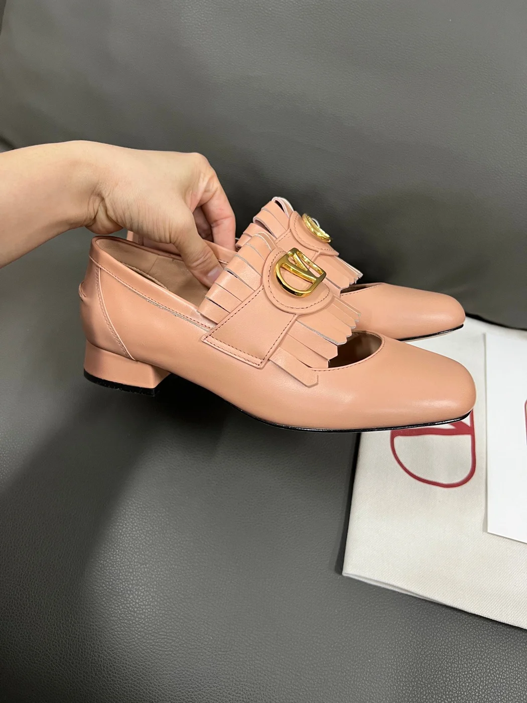 Valentino Women Peach Pink Leather Fringe Loafers product view 2