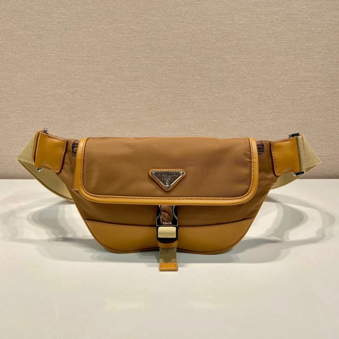 Prada Belt Bag 18 In Sepia Brown Re-Nylon And Calfskin Trim