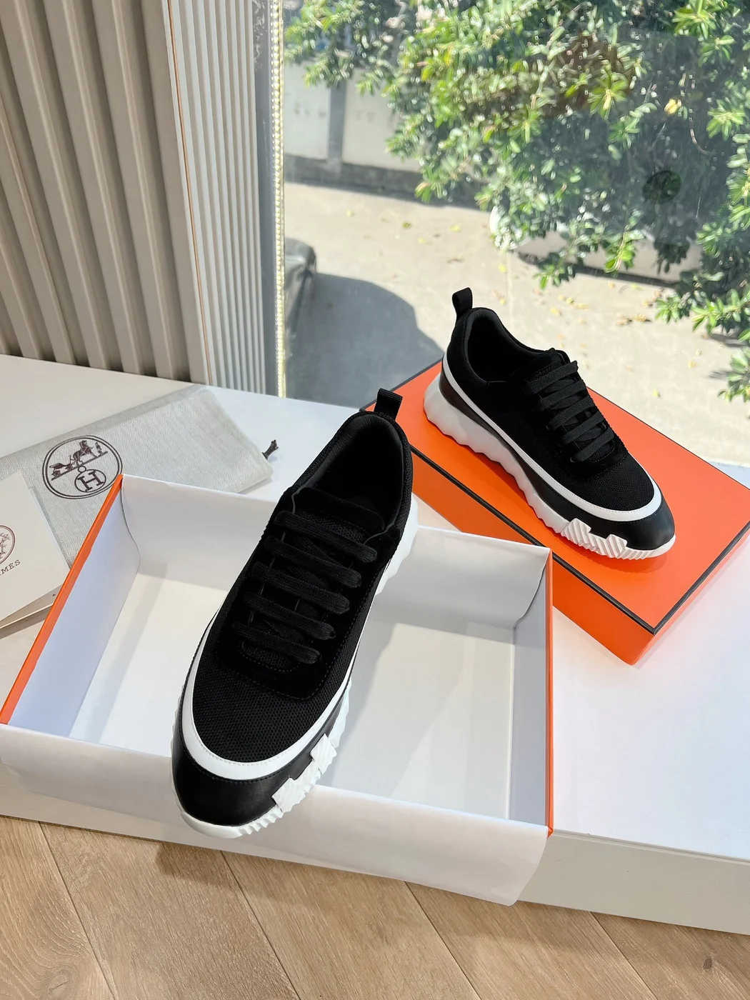 Hermès Women Black Mesh And Leather Sneakers product view 4