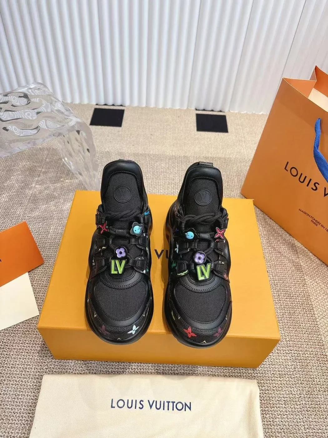 Louis Vuitton Women Black Mesh Multicolor Logo Sneakers product view 3