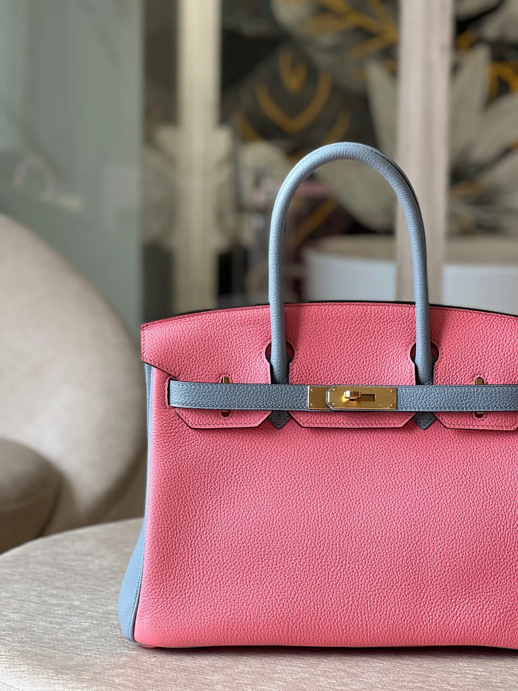 Hermès Birkin 30 Liam Blue/ Rose Pink Togo Leather Gold Hardware Bag product view 5