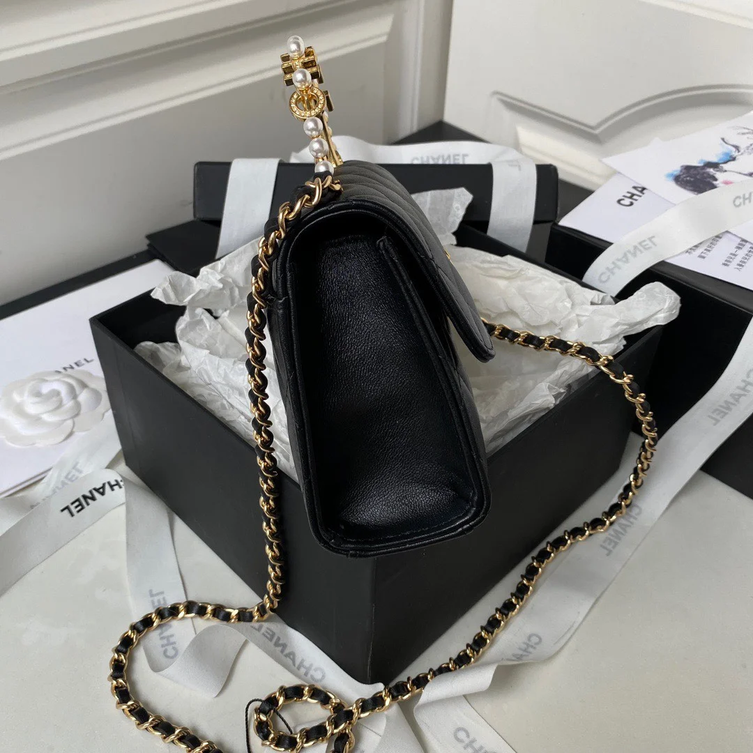 Chanel Woc Pearl Handle Plated Handbags Black Leather With Lock Gold .5×14.5×5.5 cm product view 8