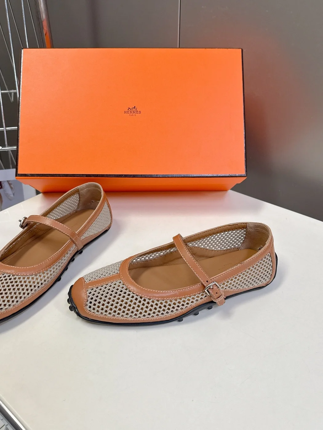 Hermès Women Beige Leather Mesh Mary Jane Flats product view 4