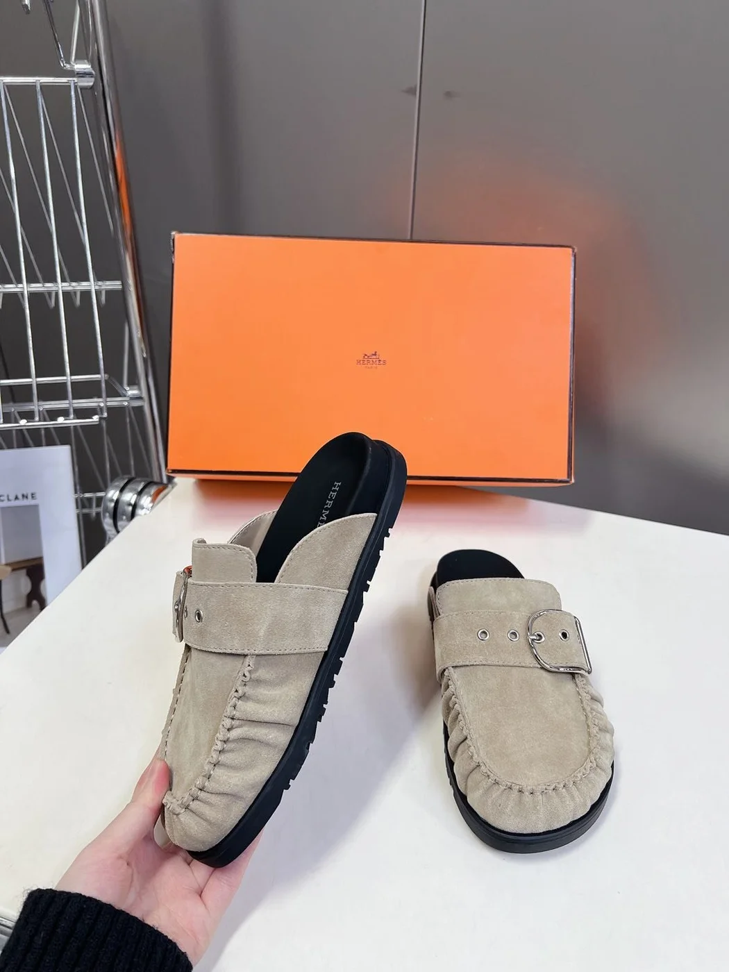 Hermès Women Beige Suede Buckle Mules product view 3