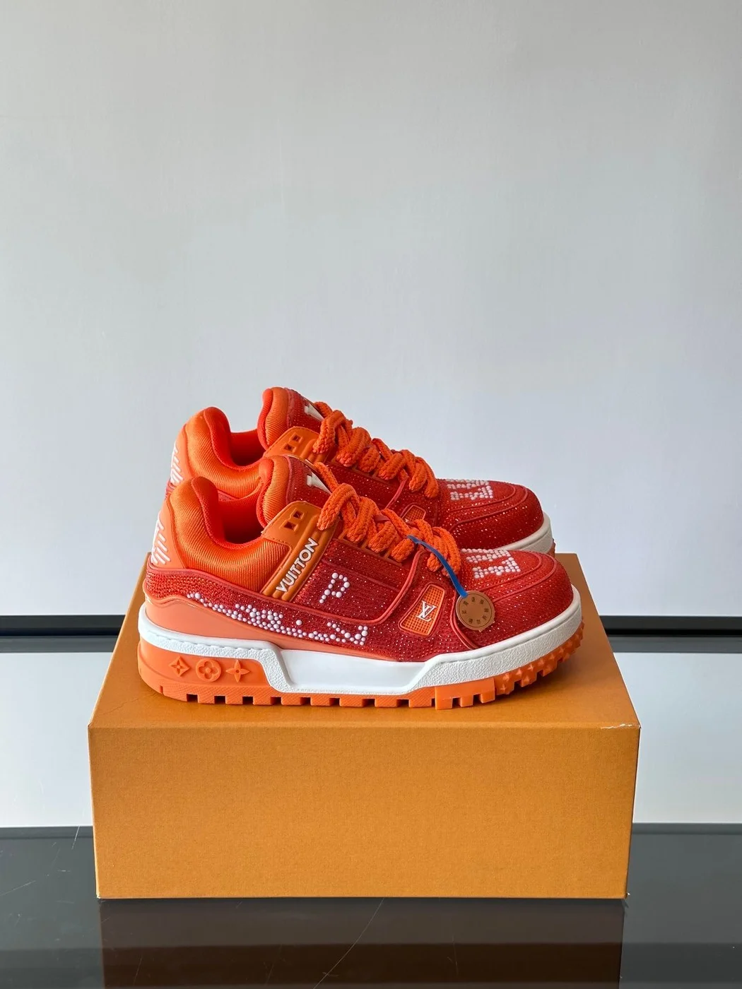 Louis Vuitton Men Orange Suede And Mesh Sneakers product view 1