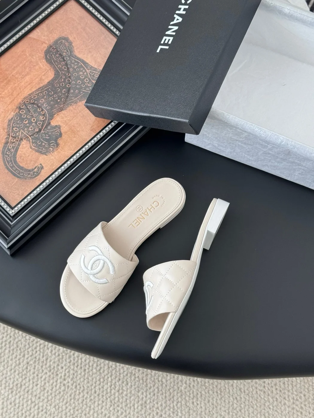 Chanel Women Cream Quilted Leather Slides product view 3