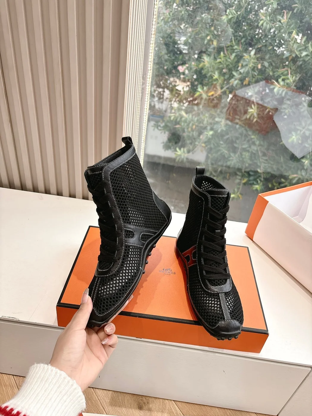 Hermès Women Black Mesh And Leather Boots product view 6