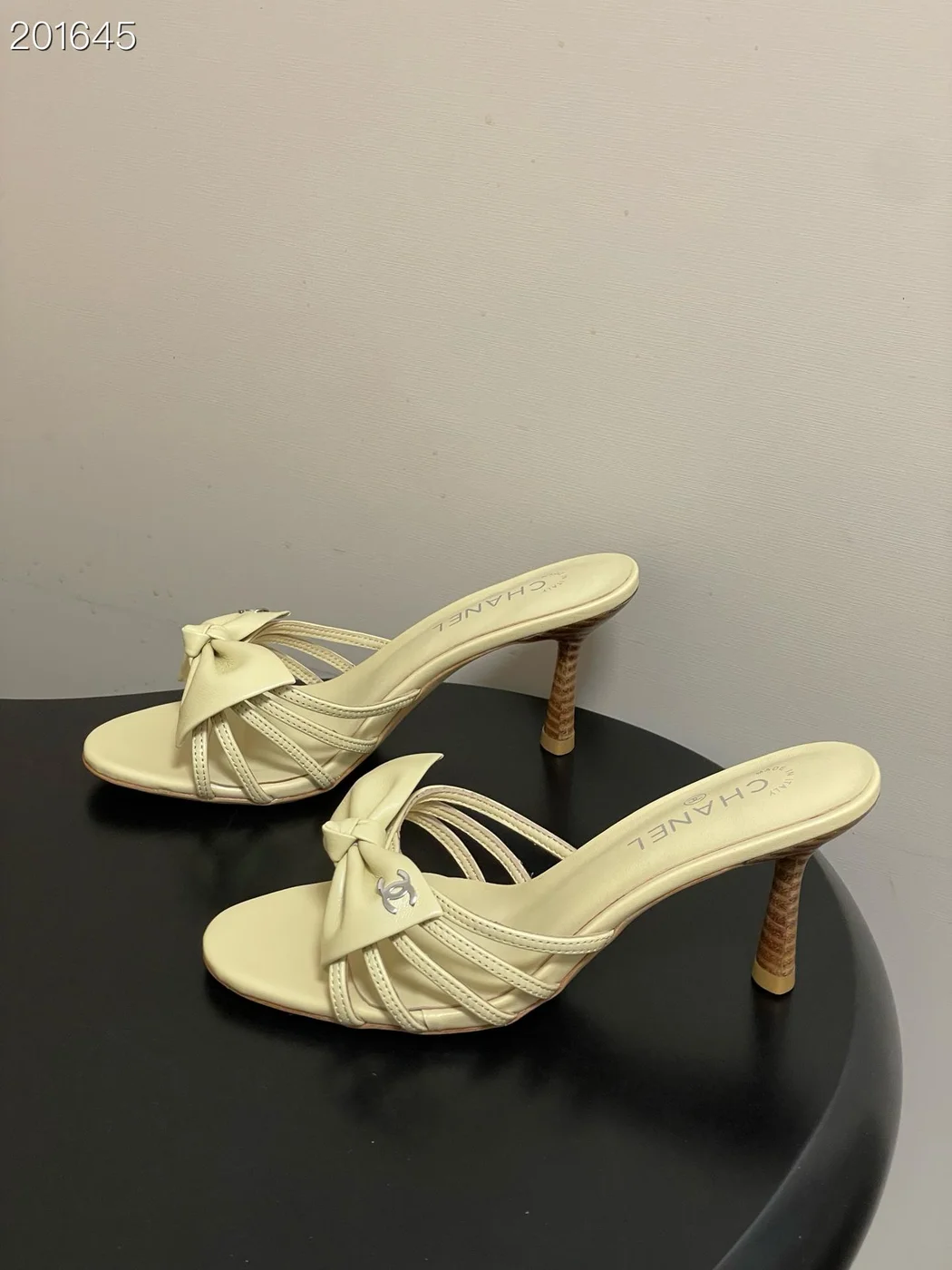 Chanel light-colored strappy bow spool heels product view 4