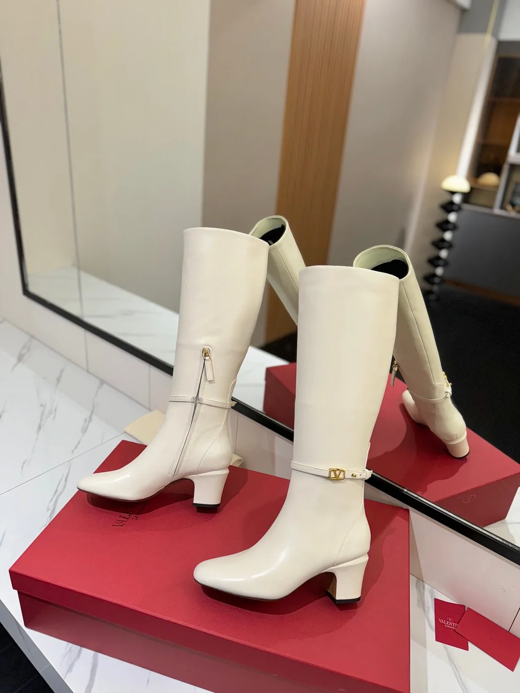 Valentino Women White Leather Knee High Boots — Plain Shaft product view 6