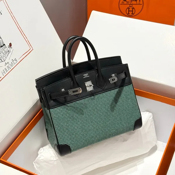 Hermès Birkin 25 cm In Black Swift Black/Mint/Blanc Toile Canvas (Custom-Made) Bag product view 1