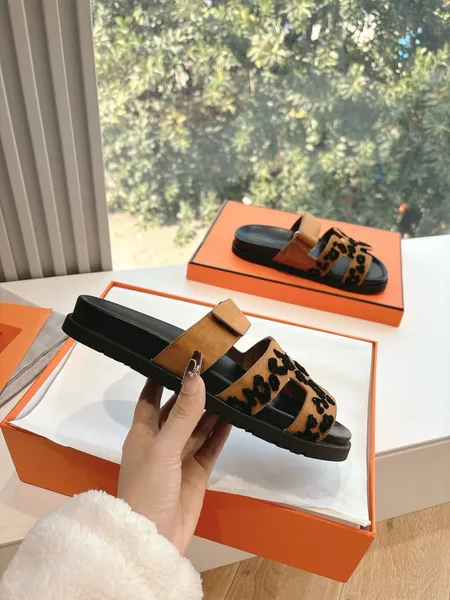 Hermès Women Tan Suede Leopard Print Slippers product view 5