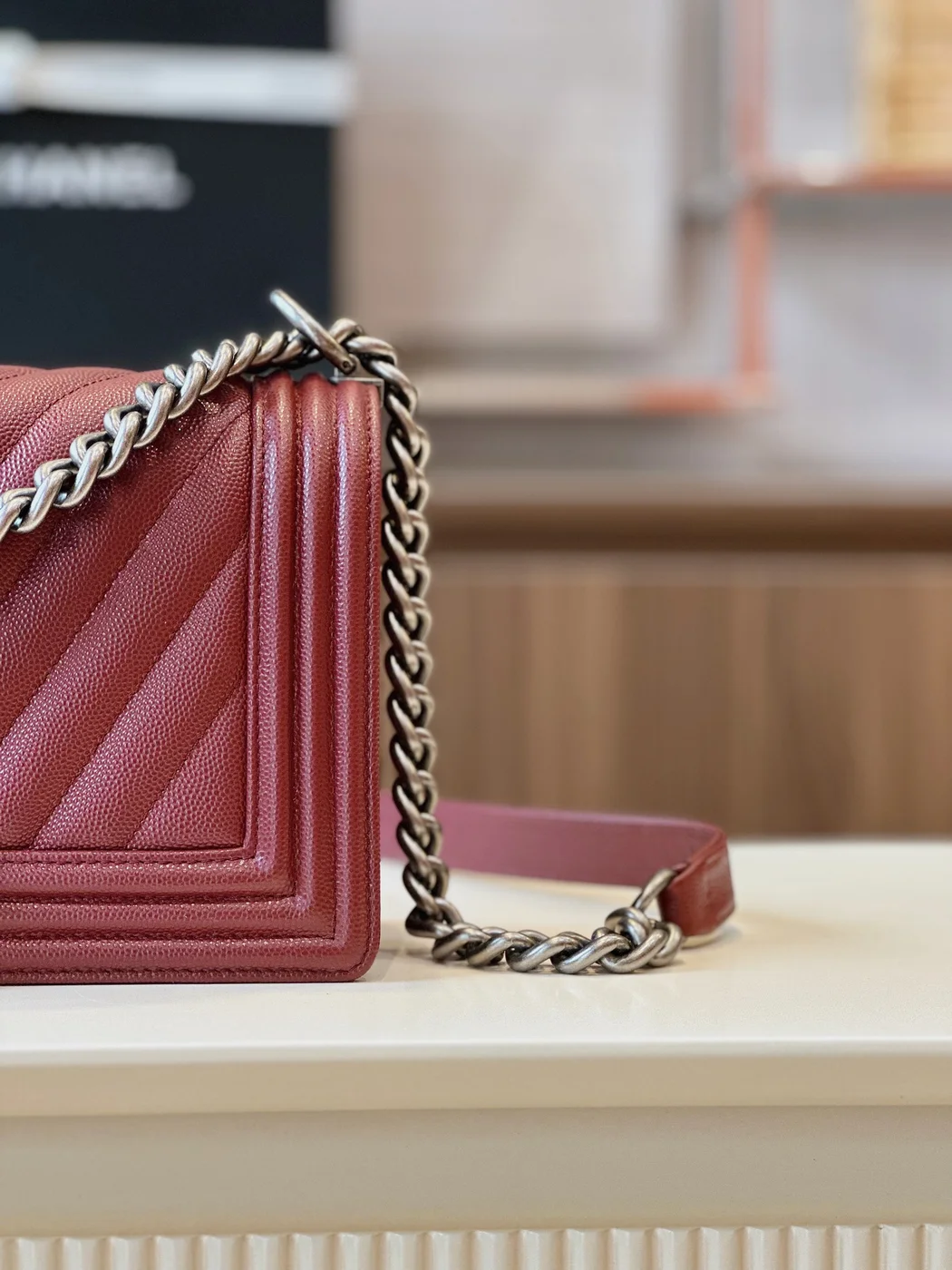 Chanel Boy Medium Handbag Woman’s V-Pattern Red Leather 25 cm product view 3