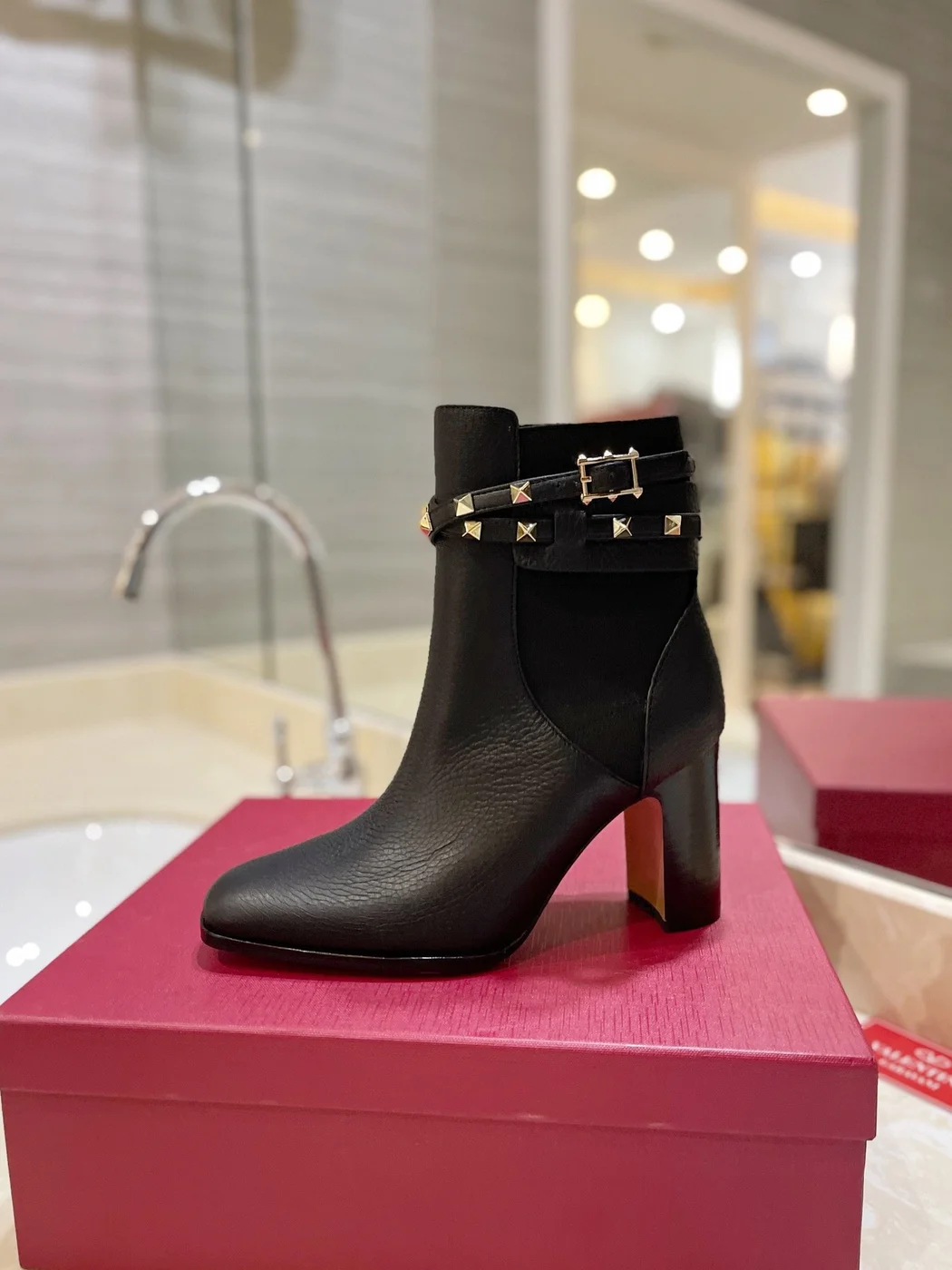 Valentino Women Black Leather Studded Ankle Boots product view 5