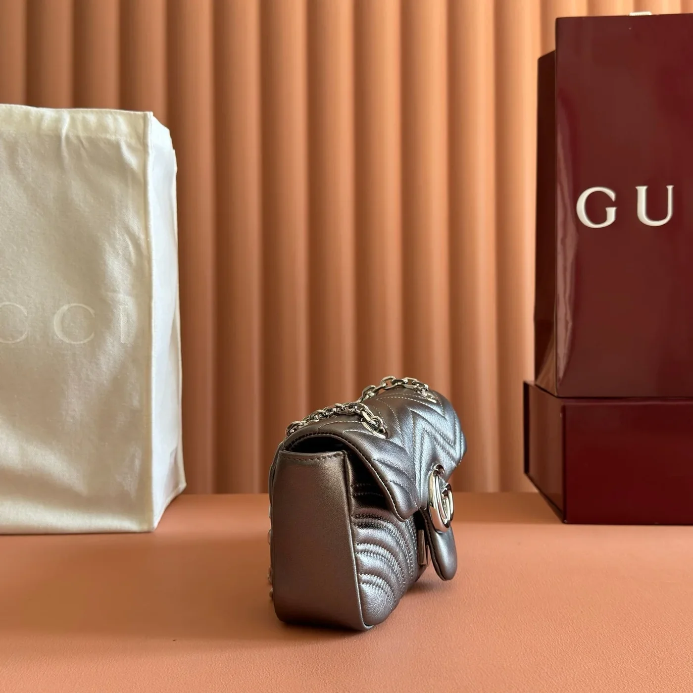 Gucci GG Marmont Bag 22 In Warm Gray Brown Lambskin product view 3