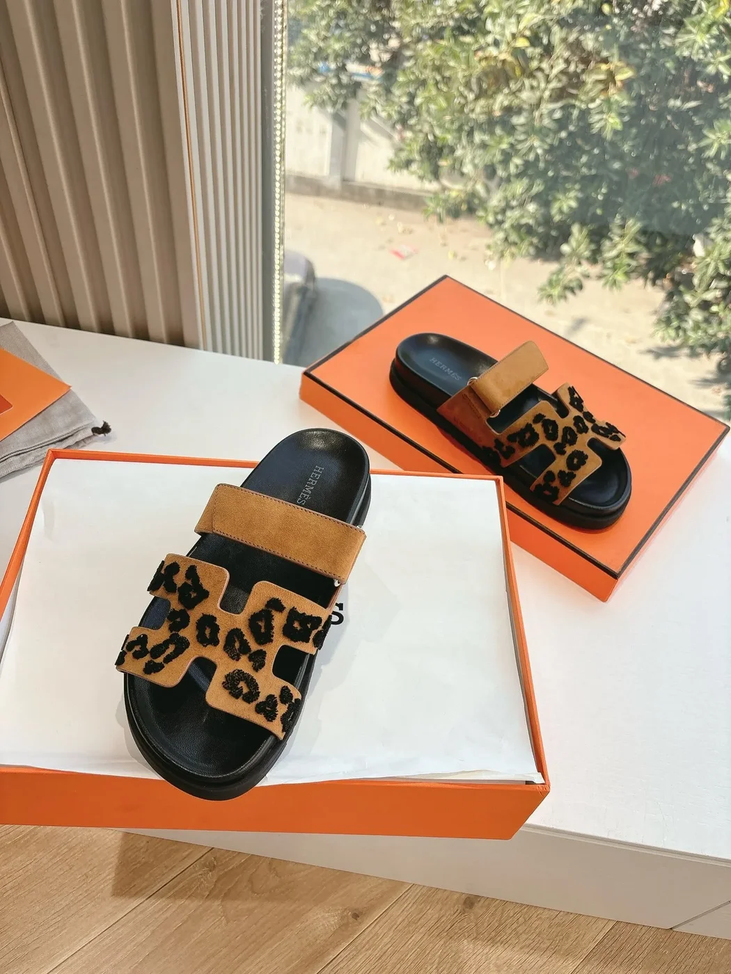 Hermès Women Tan Suede Leopard Print Slippers product view 4