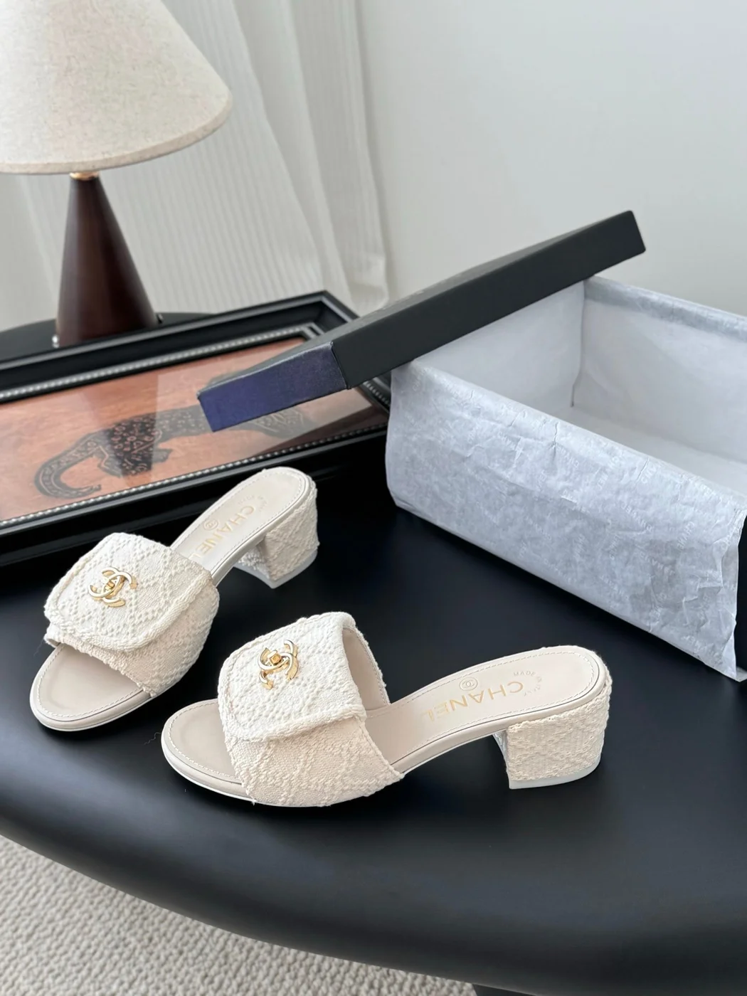 Chanel Women Cream Tweed Slides product view 2