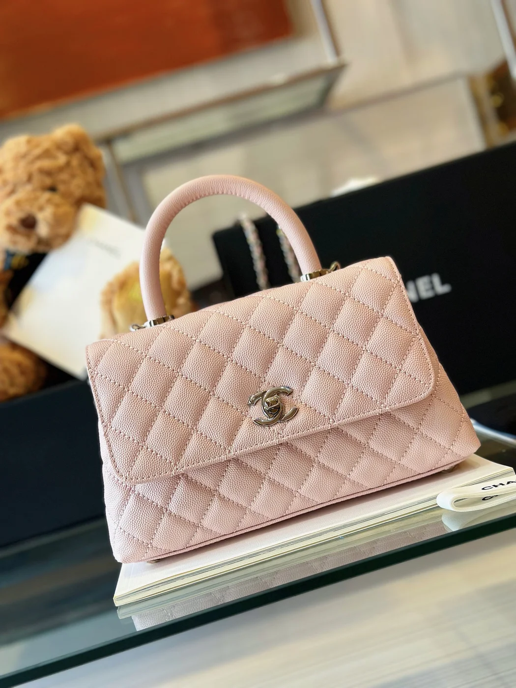 Chanel Coco Handbags Leather Pink With Silver Lock 23 cm product view 4