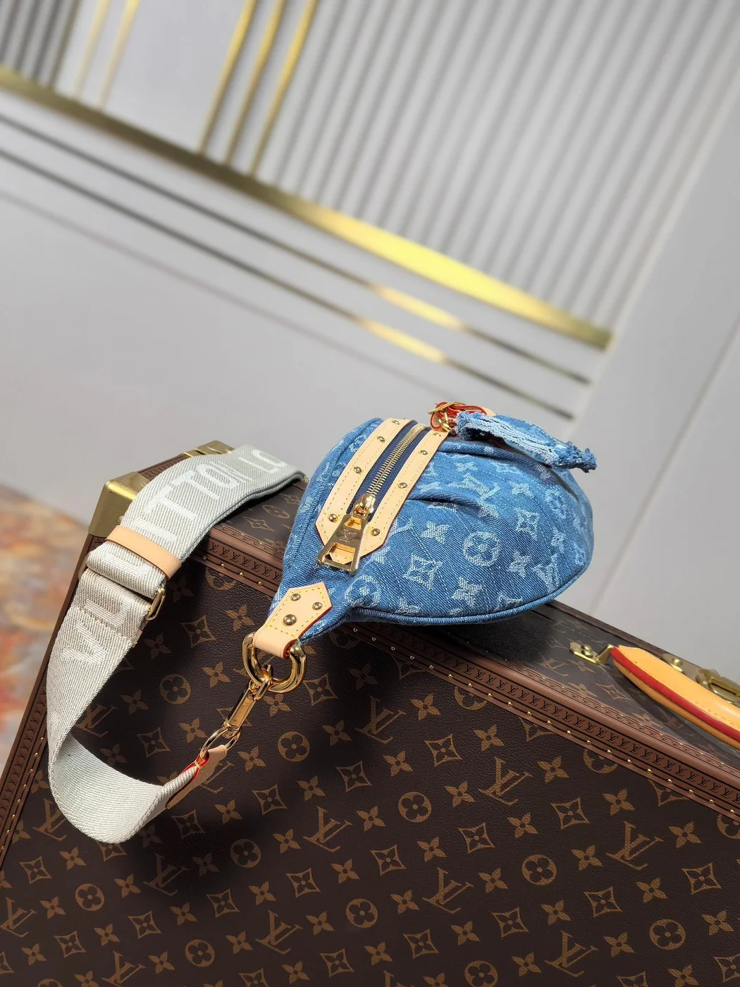 Louis Vuitton 25S Bumbag 38 In Blue Monogram Denim Leather Trim Gold Hardware Bag product view 4