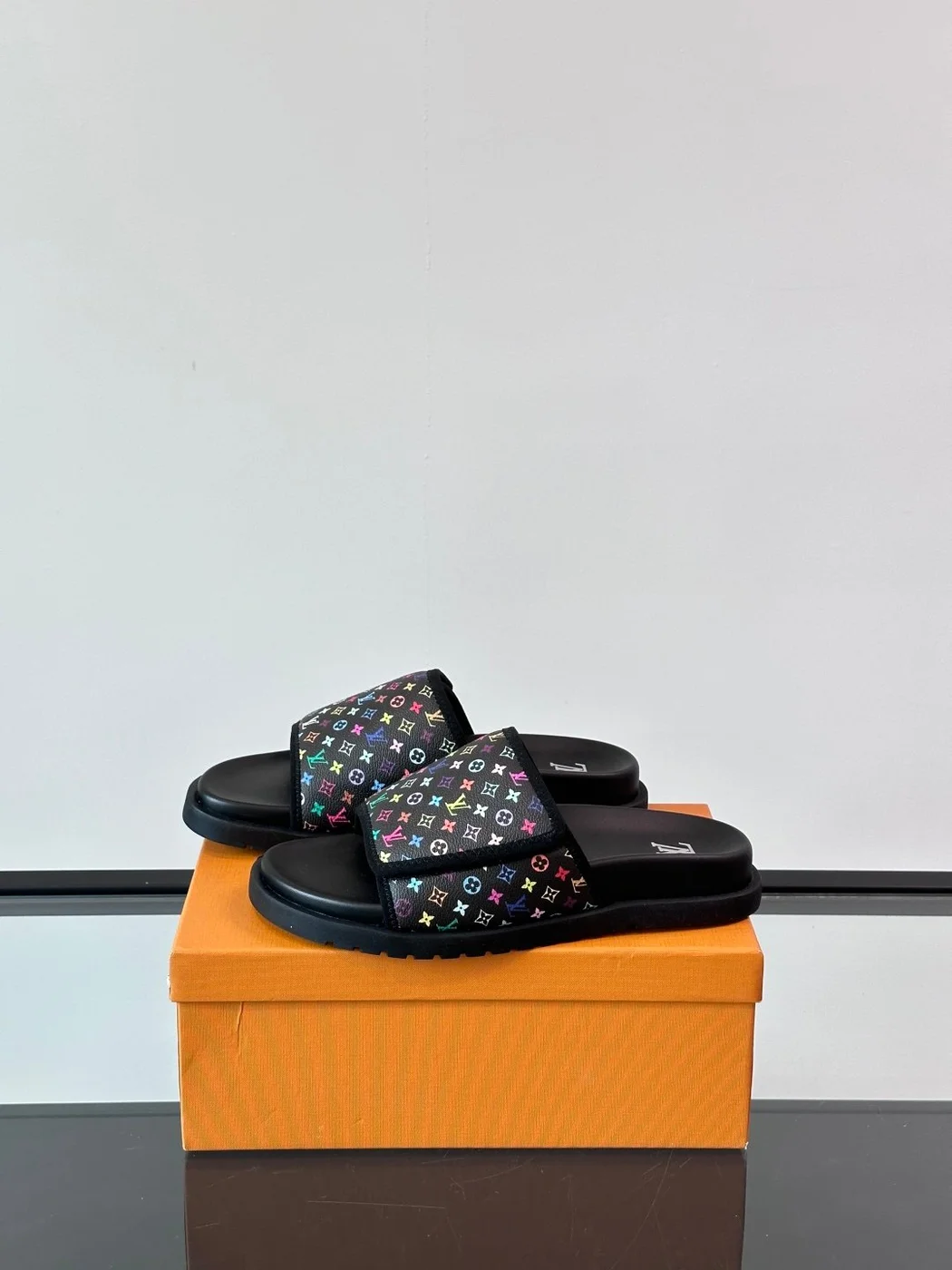 Louis Vuitton Men Black Canvas Multicolor Print Slides product view 3