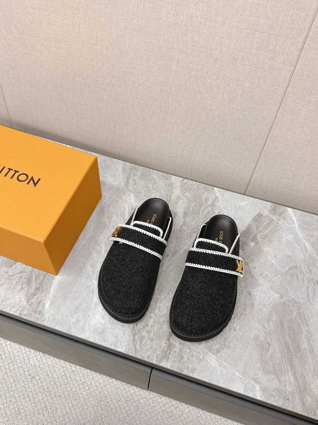 Louis Vuitton Women Black Felt Leather Trim Mules product view 4