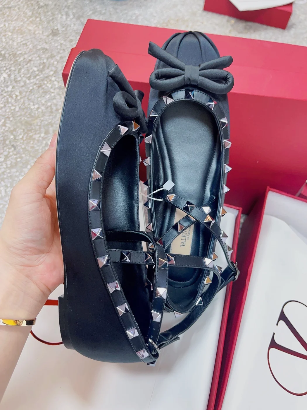 Valentino Women Black Satin Studded Flats product view 4