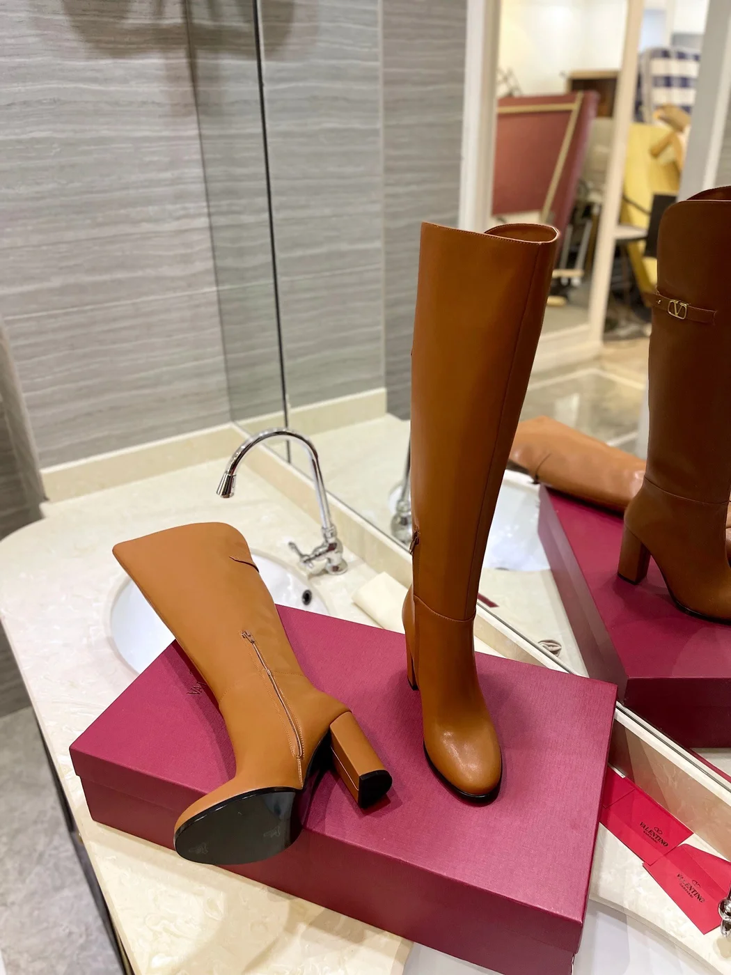 Valentino Women Brown Leather Knee High Boots product view 2