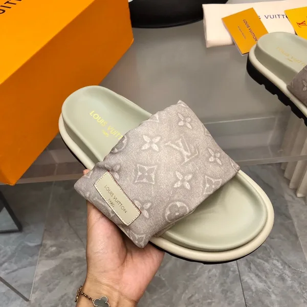 Louis Vuitton Women Light Gray Fabric Slides Sandals product view 3