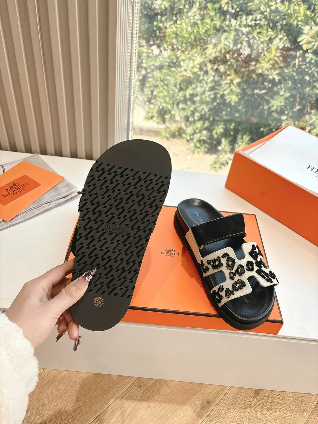 Hermès Women Black Suede And Leopard Print Sandals product view 2