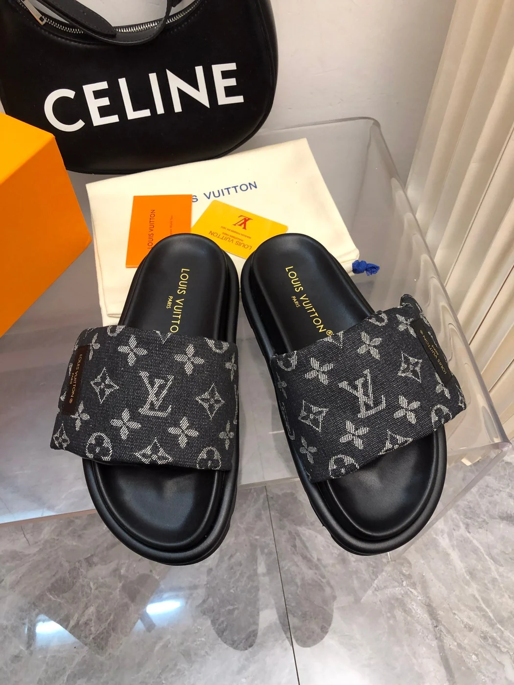 Louis Vuitton Women Black Canvas Monogram Slide Sandals product view 3