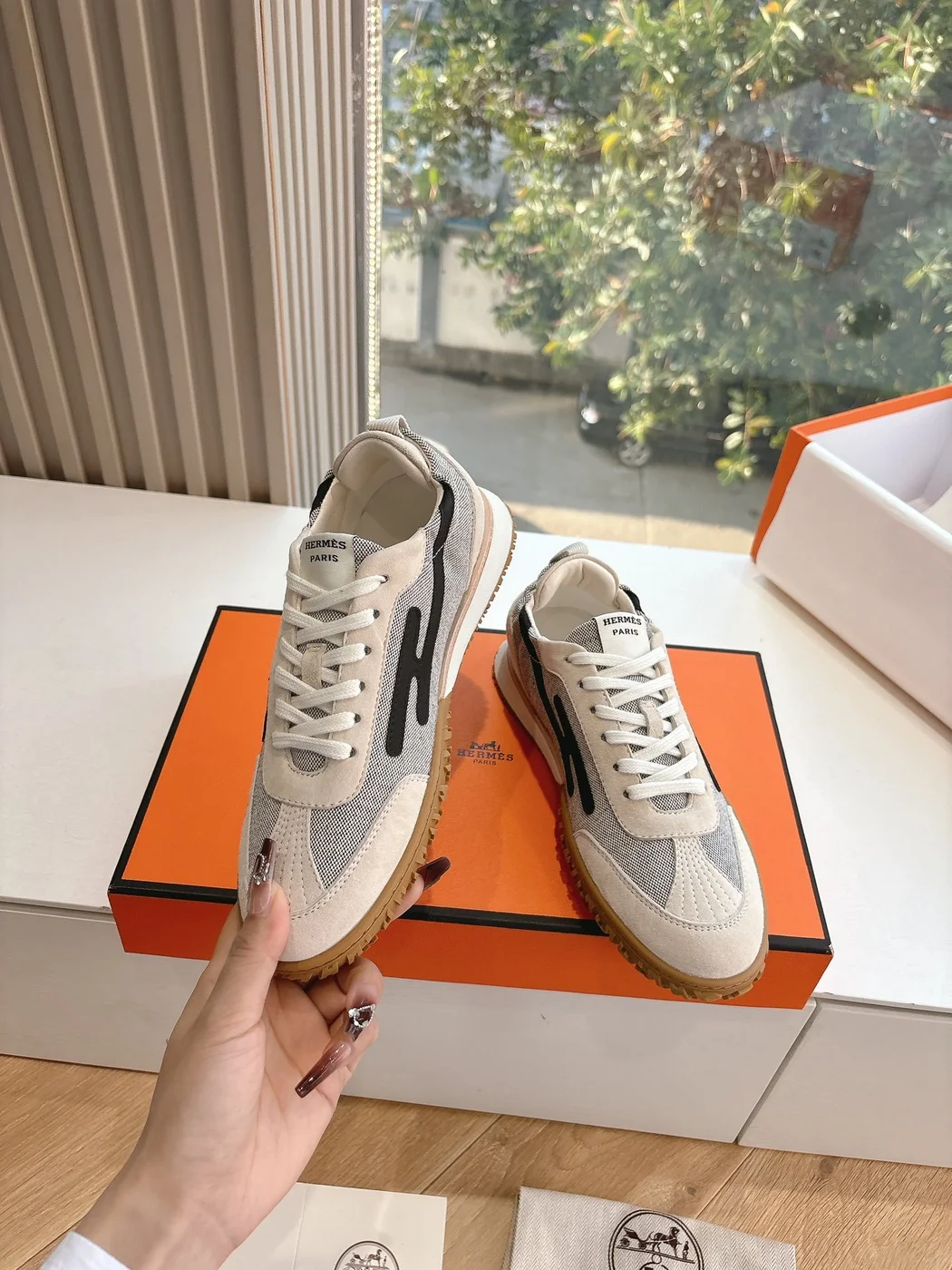 Hermès Women White Suede And Mesh Sneakers product view 6