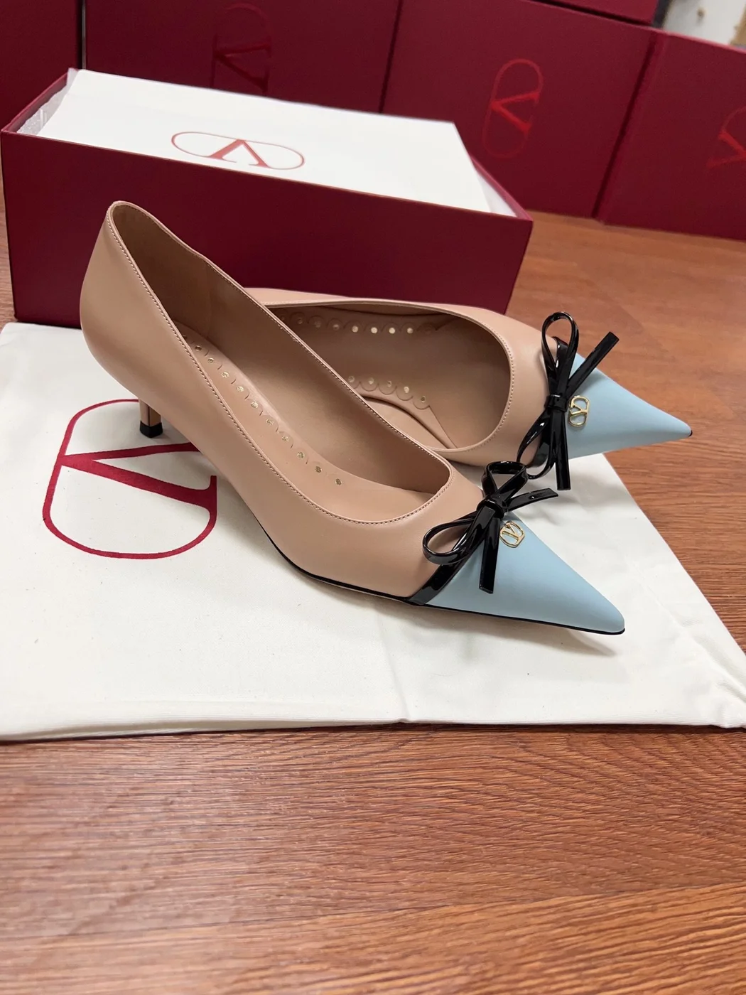 Valentino Women Beige And Light Blue Leather Pumps product view 3
