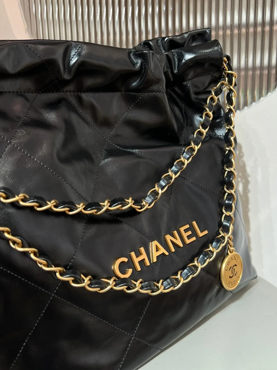 Chanel 22 Bag Small Gold  Black Lambskin Leather product view 5