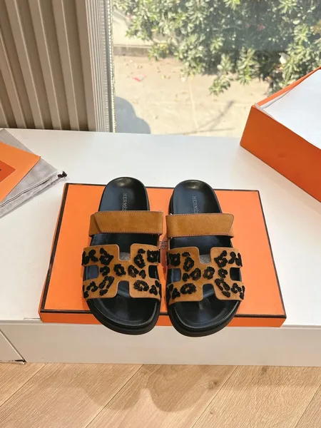Hermès Women Tan Suede Leopard Print Slippers product view 1