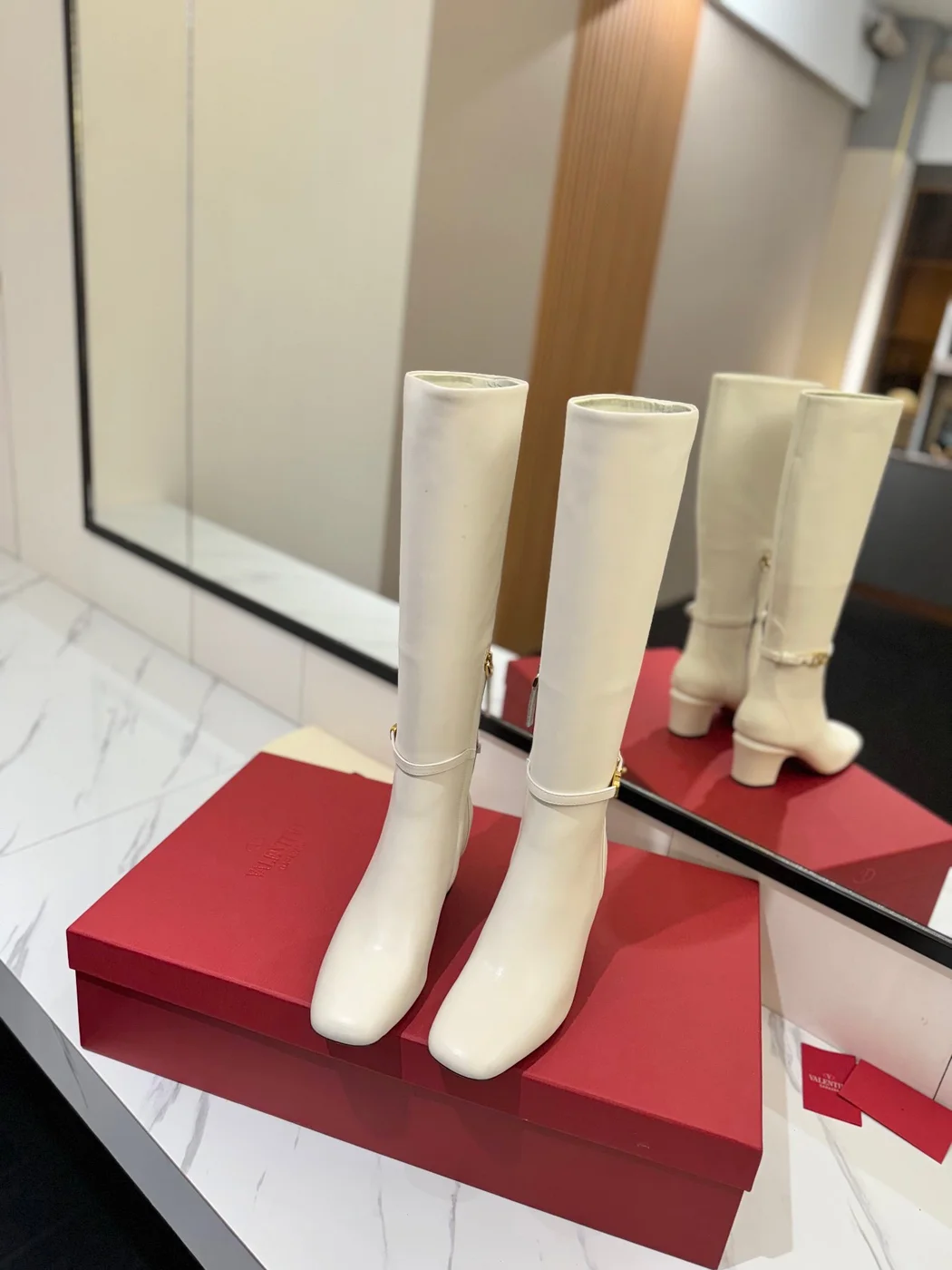 Valentino Women White Leather Knee High Boots — Plain Shaft product view 4