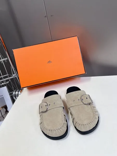 Hermès Women Beige Suede Buckle Mules product view 1