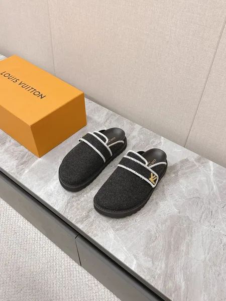 Louis Vuitton Women Black Felt Leather Trim Mules product photo