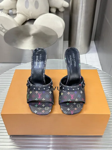 Louis Vuitton Women Black Leather Multicolor Logo Mules product photo