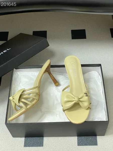 Chanel light-colored strappy bow spool heels product view 2